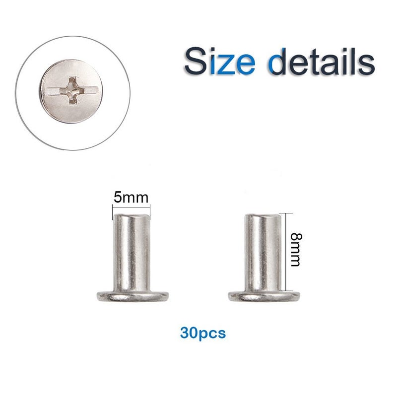 INCREWAY Phillips Screws, 30 Sets 5mm X 8mm Nickel Plated Chicago Binding Screws Round Cross Head Stud Screw Posts Nail Rivet Chicago Button, Silver Tone - Image 2